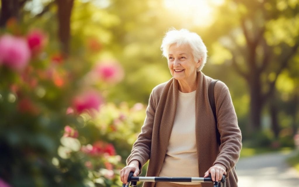 une-femme-senior-marche-prudemment-avec-une-deambulateur-dans-un-parc-ensoleille-entouree-darbres-verts-et-de-fleurs-colorees