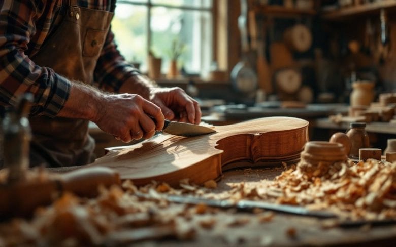 un-luthier-sculpte-la-table-dharmonie-dun-violon-dans-un-atelier-en-bois-chaleureux-outils-et-copeaux-autour-la-lumiere-douce-de-la-fenetre-met-en-valeur-le-grain-du-bois-et-les-gestes-precis