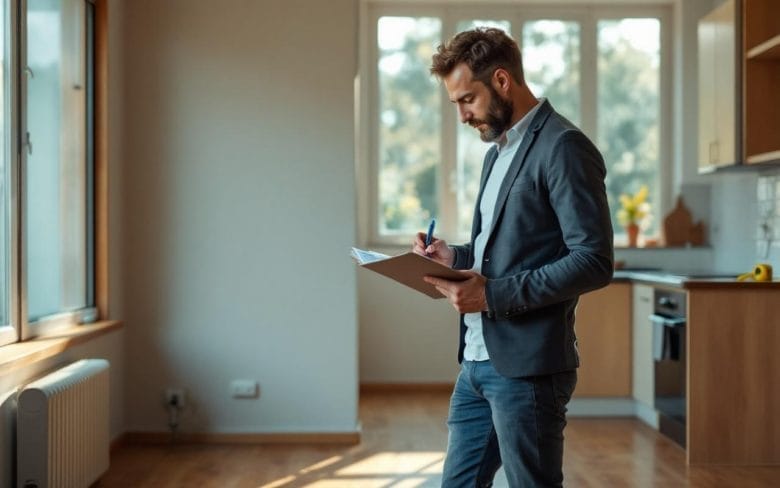 un-proprietaire-inspecte-un-appartement-vide-et-non-meuble-pres-de-grandes-fenetres-laissant-entrer-une-lumiere-naturelle-douce-il-tient-un-carnet-et-un-stylo-en-verifiant-les-murs-les-prises